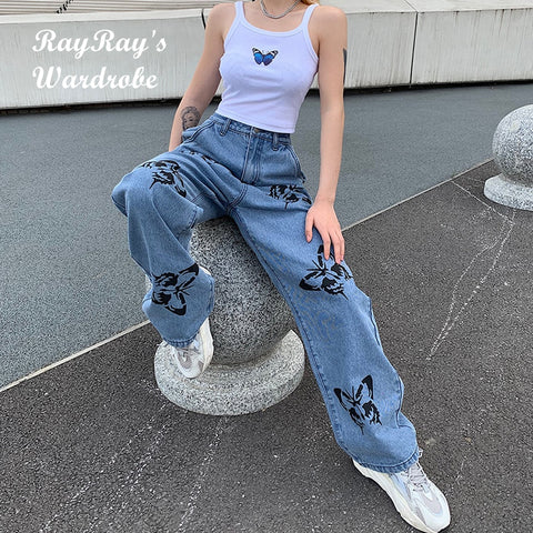 Women High Waist Jeans Baggy Pants Casual Butterfly Printed Wide Leg Trousers Denim Streetwear Ladies E-girl Pantalones Mujer